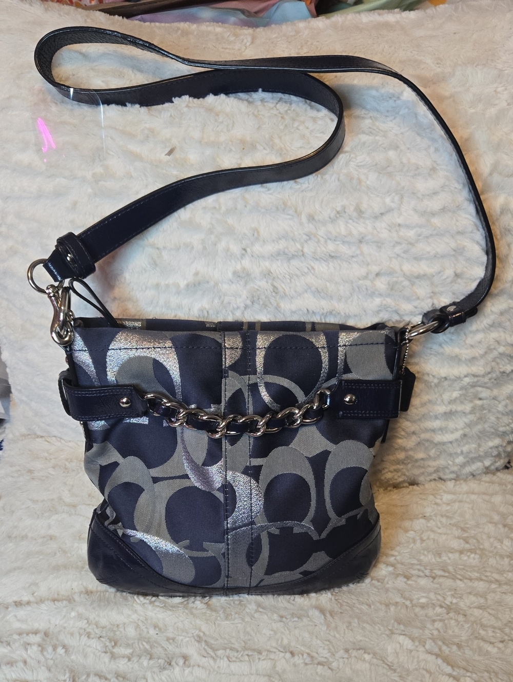 Women's Navy and Silver Patterned Crossbody Bag Like New Condition